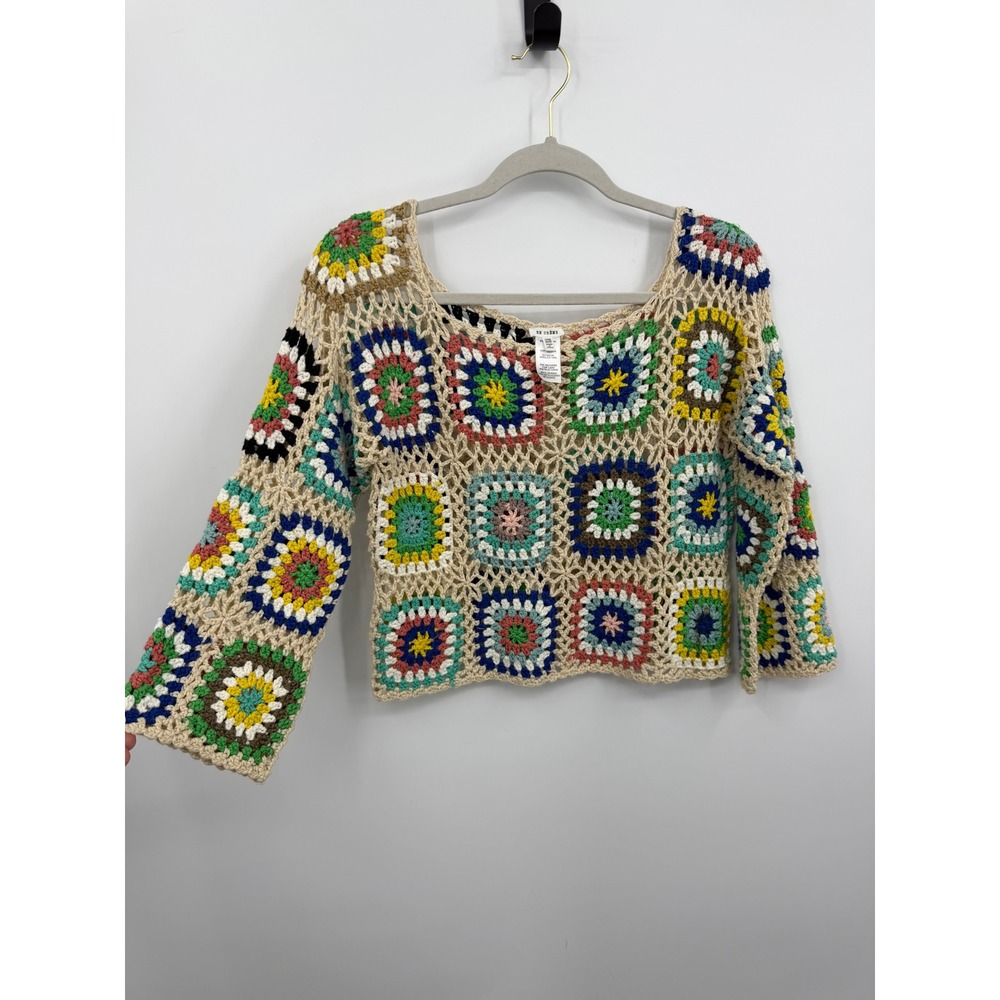 En Creme Granny Square Crochet Top‎ OS Multi Color Boho Long Sleeve Cropped